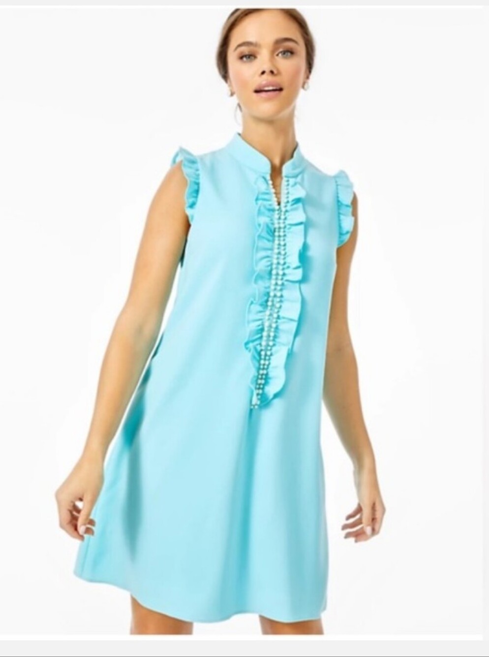 Lilly Pulitzer Size 8  Adalee Blue Ibiza  Ruffle Shift Dress  Pearl Trim